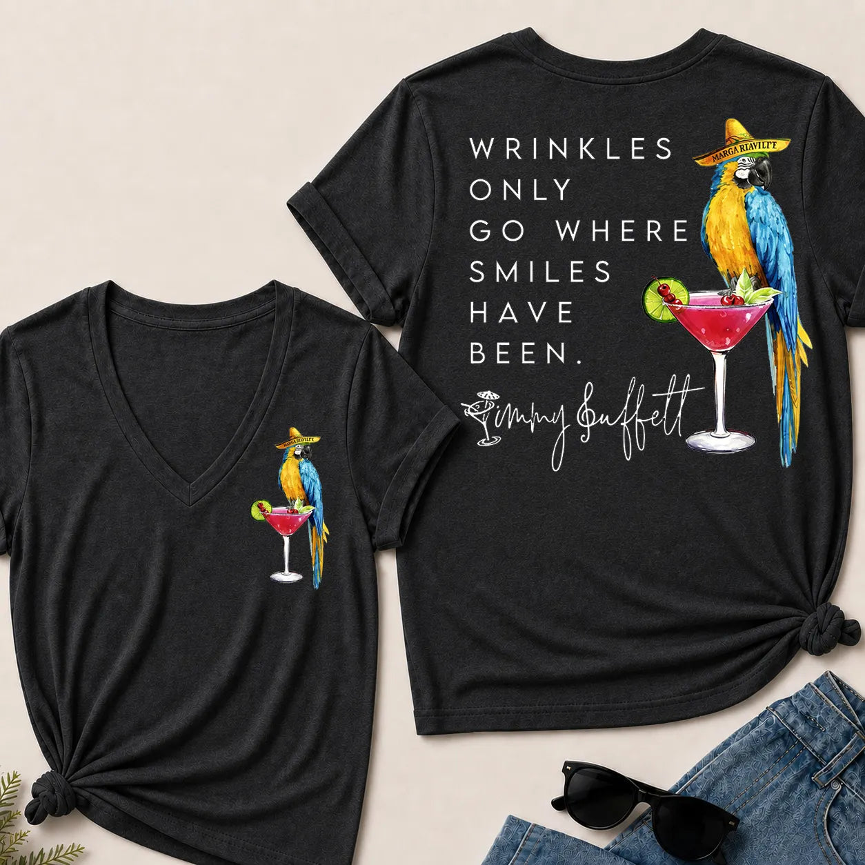 Wrinkles Only Go Where Smiles Have Been – Jimmy Buffett Tribute V-Neck Tee